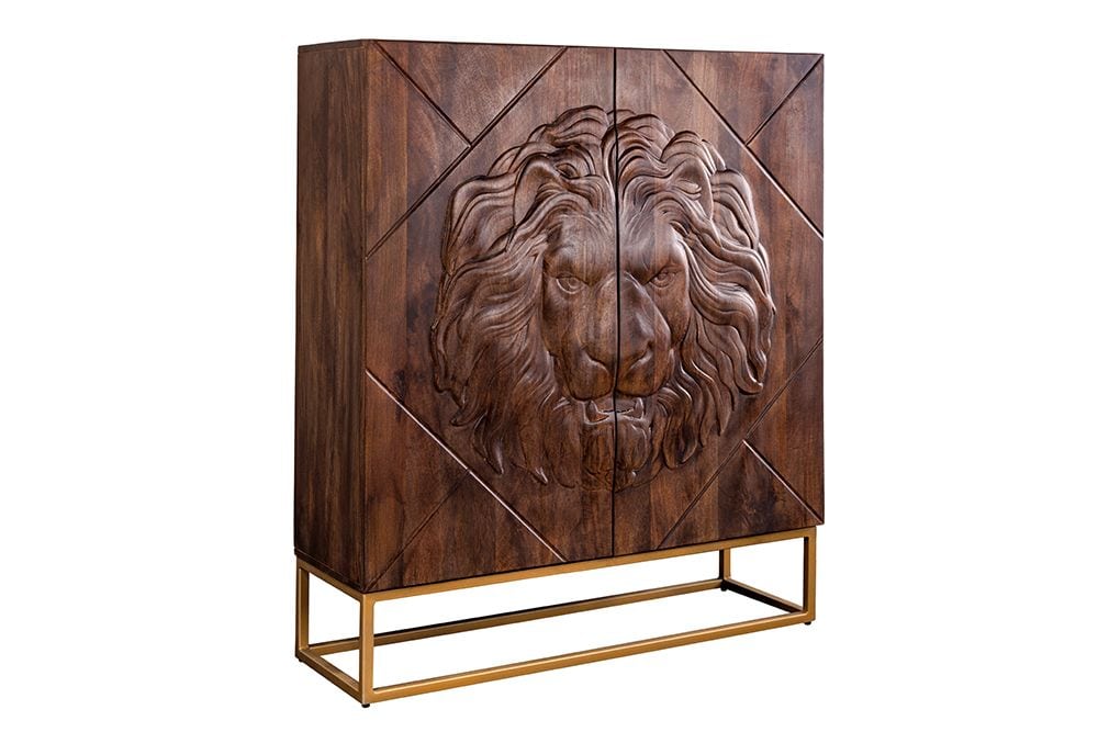 Massives Highboard LION 120cm braun Mangoholz gold Metall 3D Schnitzereien Kunstwerk
