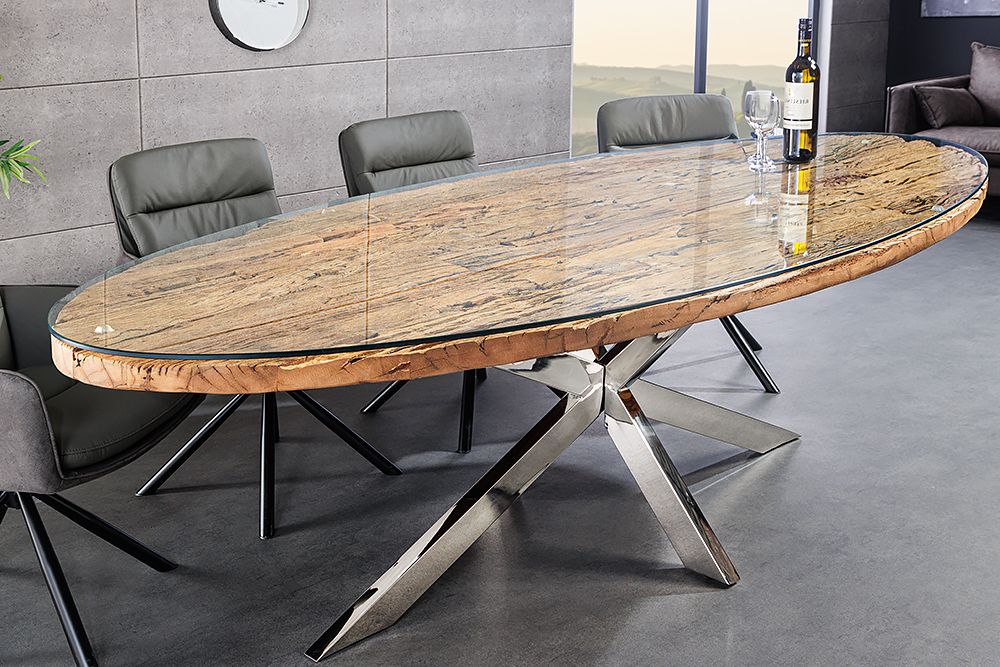 Massiver Esstisch BARRACUDA 220cm braun Teakholz silber Sterngestell Glasplatte