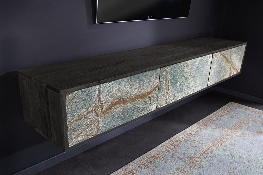 Massivholz TV Lowboard MOUNTAIN SOUL 160cm schwarz hängend echter Naturstein Akazie