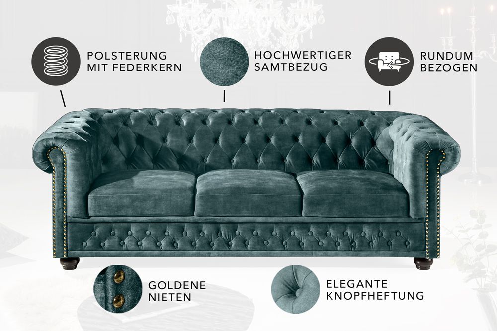 Chesterfield 3-Sitzer Sofa 205cm petrol Samt Federkern Goldnieten Knopfheftung
