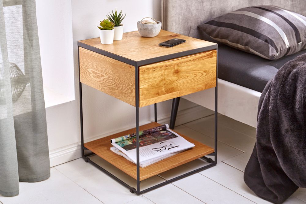 Moderner Beistelltisch SCORPION 50cm Wildeichen-Design Metall Nachttisch mit Schublade