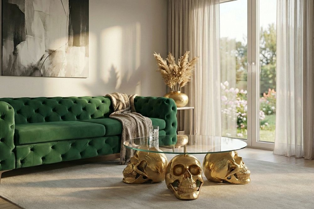 Design Couchtisch SKULL XXL 90cm gold rund Glasplatte Metall Totenkopf handmade