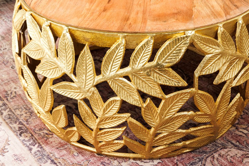 Rundes 2er Set Couchtische ABSTRACT LEAF 70cm natur gold Massivholz Akazie Metall Blatt-Design