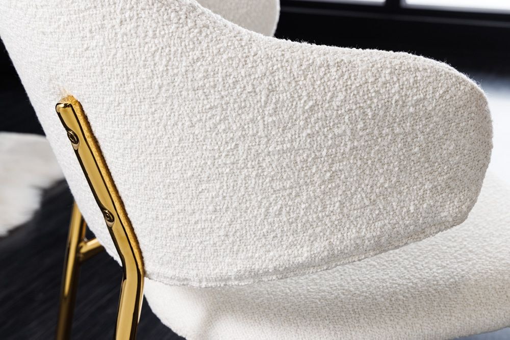 Design Stuhl VOGUE weiß Bouclé goldene Metallbeine