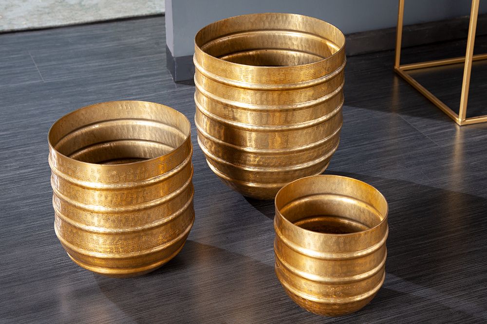 3er Set Blumentopf ORIENT 25/20/15cm Metall gold Hammerschlag Design