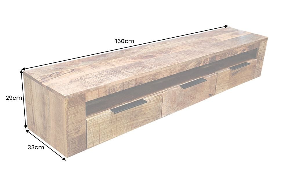 Hängendes TV-Board IRON CRAFT 160cm natur Mango Massivholz drei Schubladen Lowboard