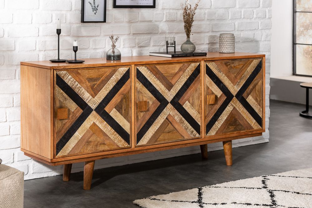 Elegantes Sideboard LONG ISLAND 160cm Mangoholz-Optik mit Retro Muster