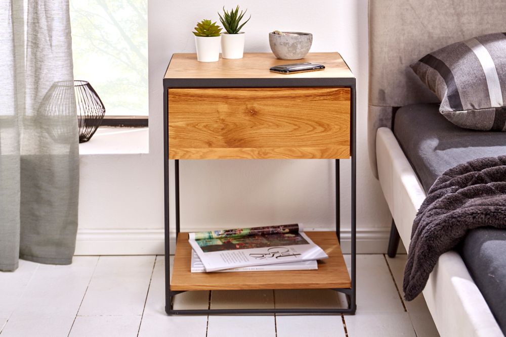 Moderner Beistelltisch SCORPION 50cm Wildeichen-Design Metall Nachttisch mit Schublade