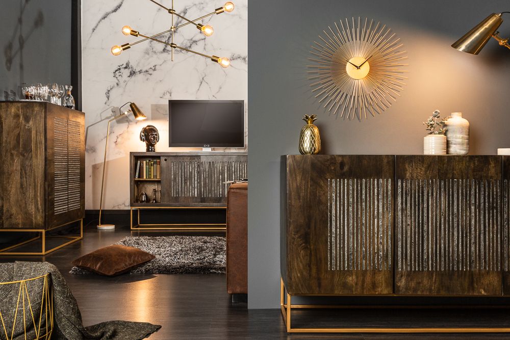 Massives Sideboard ONYX 160cm dunkelbraun gold Mangoholz Edelstein Achat Schiebetüren