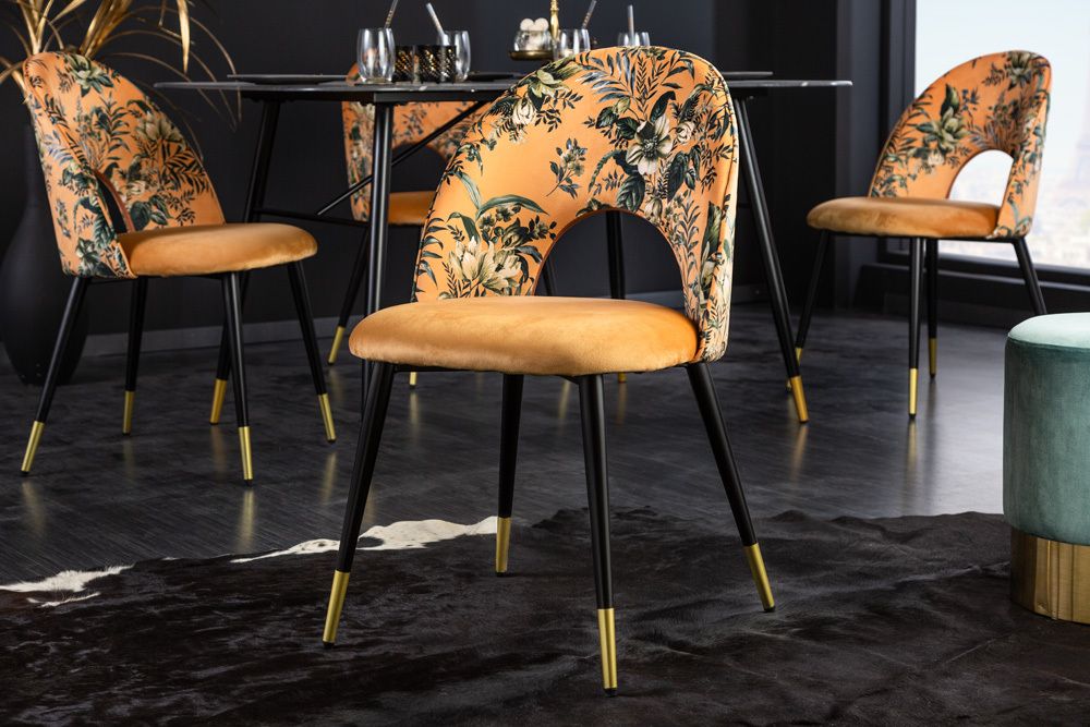 Design Stuhl PRÊT-À-PORTER gelb Samt florales Muster und goldene Fußkappen