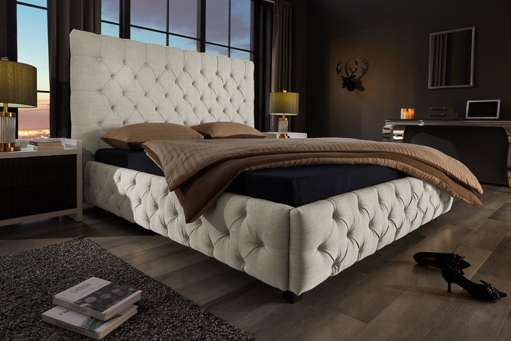 Design Boxbett PARIS 180x200cm beige Leinen Chesterfield Doppelbett