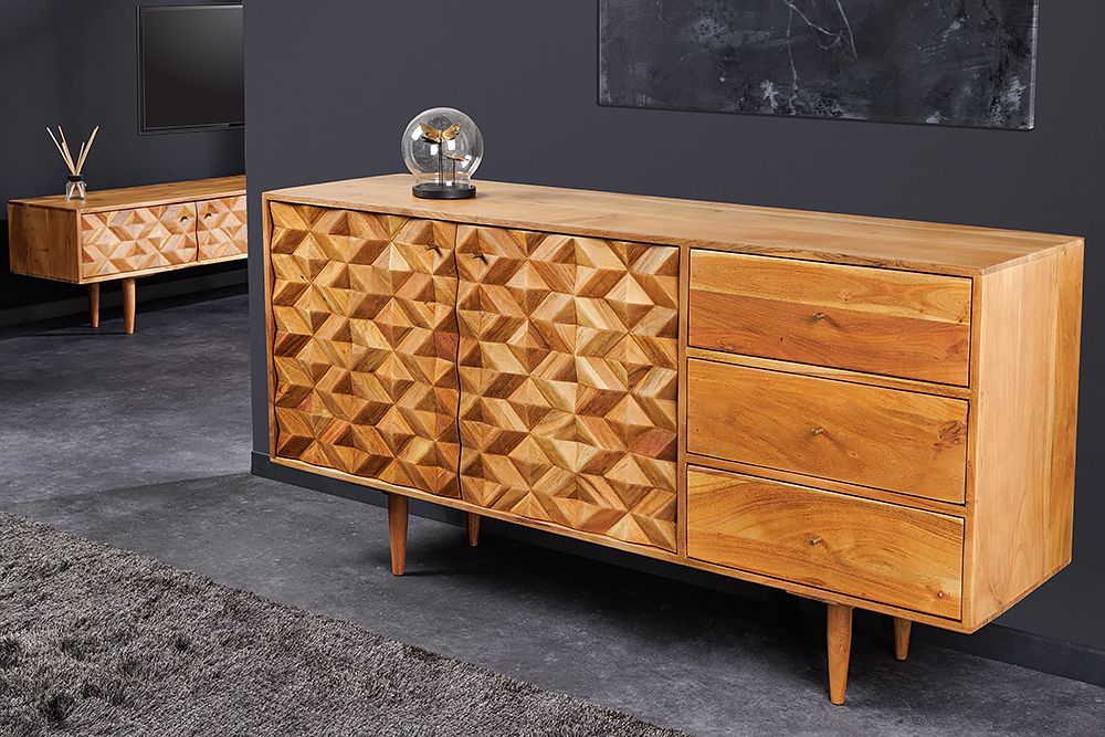 Massivholz Sideboard ALPINE 145cm Akazie honey finish Kommode mit Schubladen Retro Design
