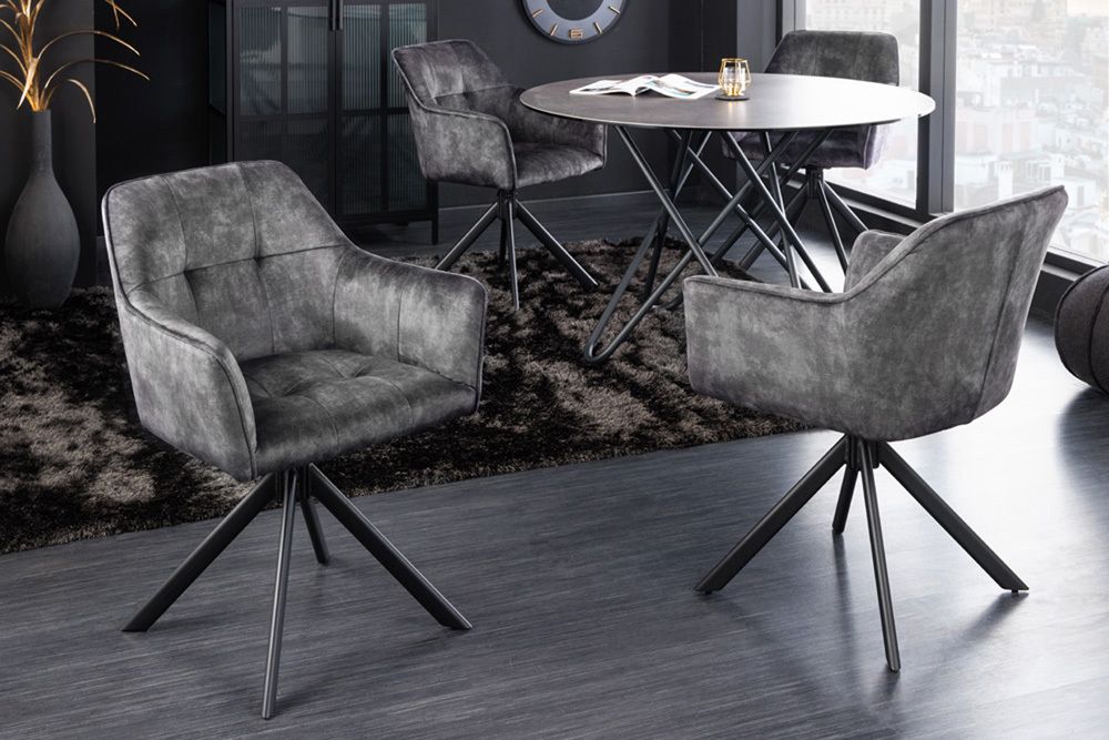 Design Stuhl LOFT dunkelgrau Samt drehbar Metallgestell schwarz mit Armlehne