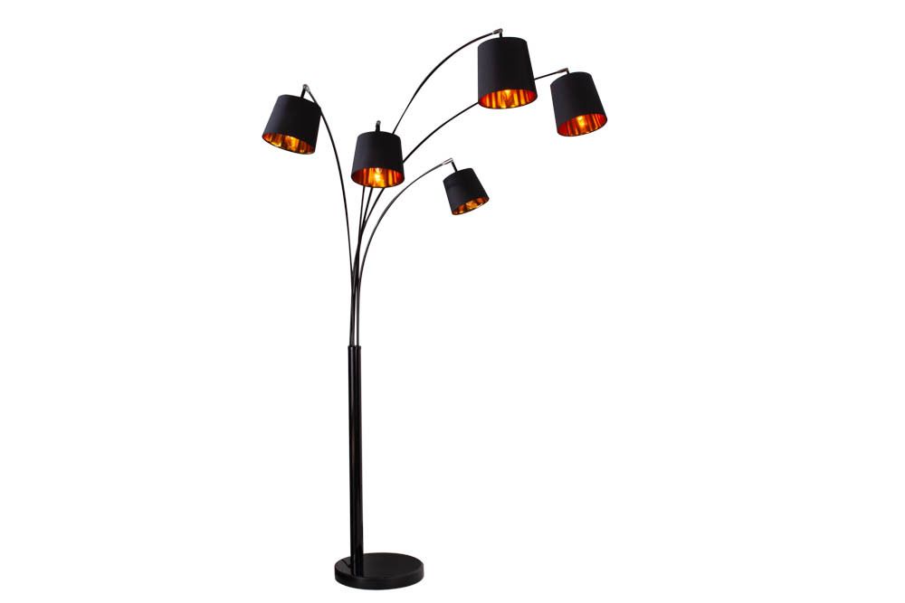 Design Bogenlampe LEVELS 205cm schwarz gold 5 neigbare Leinenschirme Stehlampe