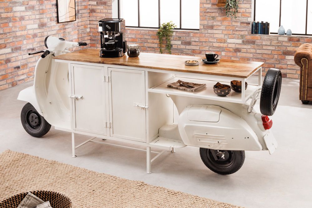 Extravaganter Barschrank SCOOTER 250cm weiß Retro-Konsole Motorroller mit Mangoholz Upcycling