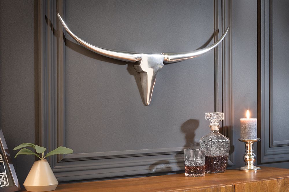 Moderne Design Wanddekoration BULL 75cm silber Aluminium Stierkopf