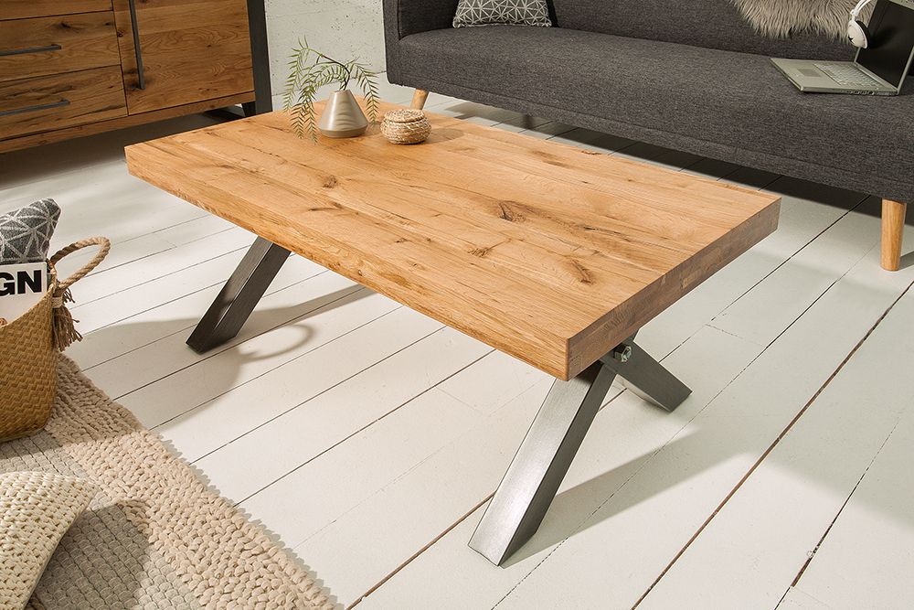 Massivholz Couchtisch THOR 110cm Wildeiche geölt X-Gestell Metall anthrazit Industrial Design