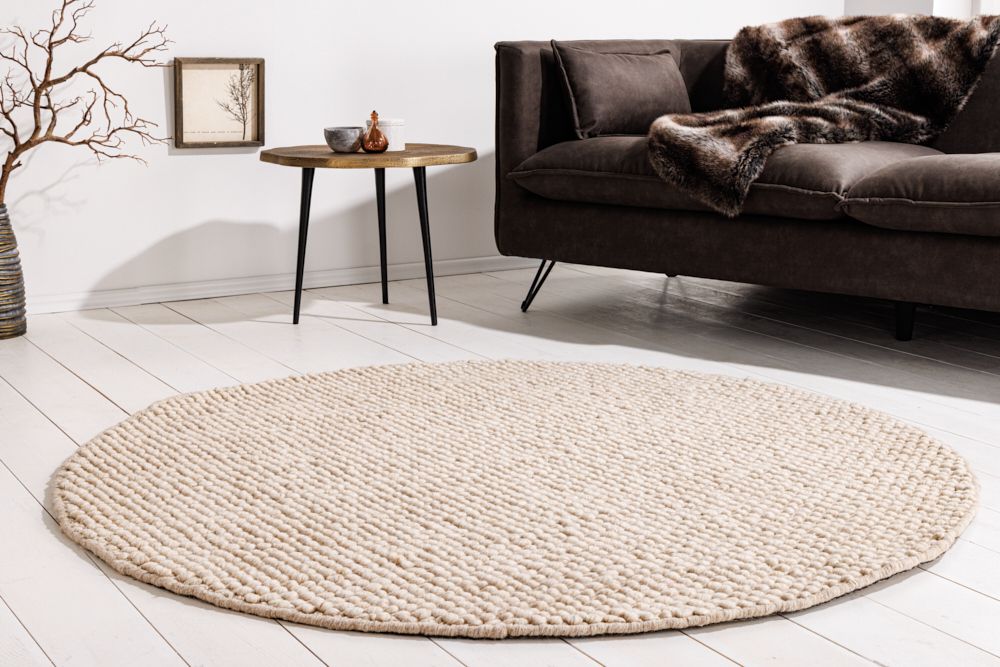 Design Teppich WOOL 150cm beige rund Wolle Handarbeit