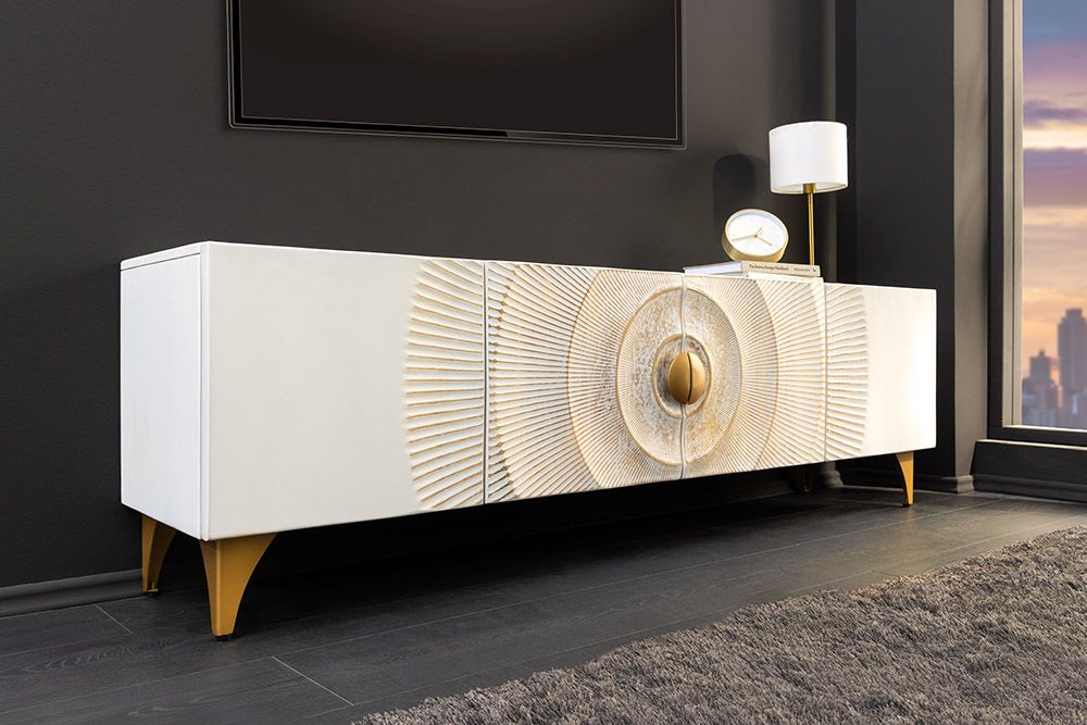 Massives TV-Lowboard GOLDEN SUNSET 180cm weiß gold Mangoholz 3D Schnitzereien Metallfüße