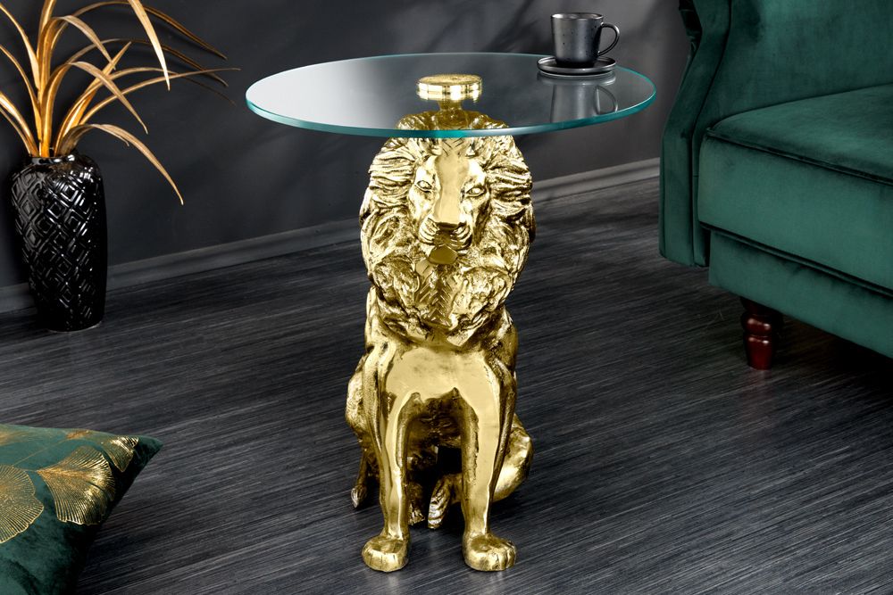 Runder Beistelltisch WILDLIFE LION 60cm gold antik Metall Glas Löwen Skulptur