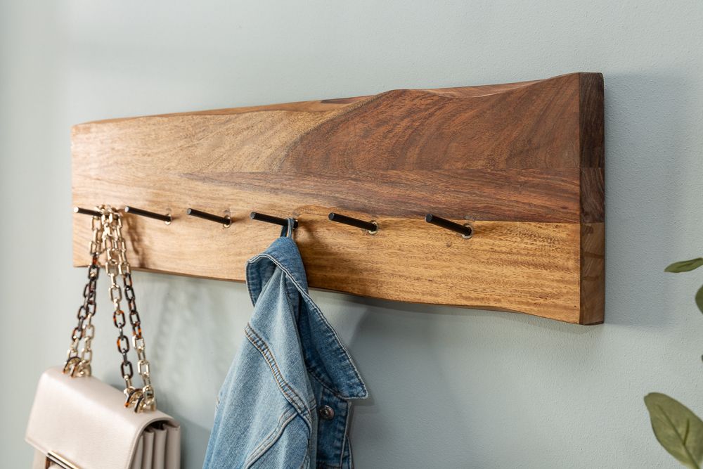 Massivholz Wandgarderobe MAMMUT 80cm braun Sheesham stone finish 6 Kleiderhaken