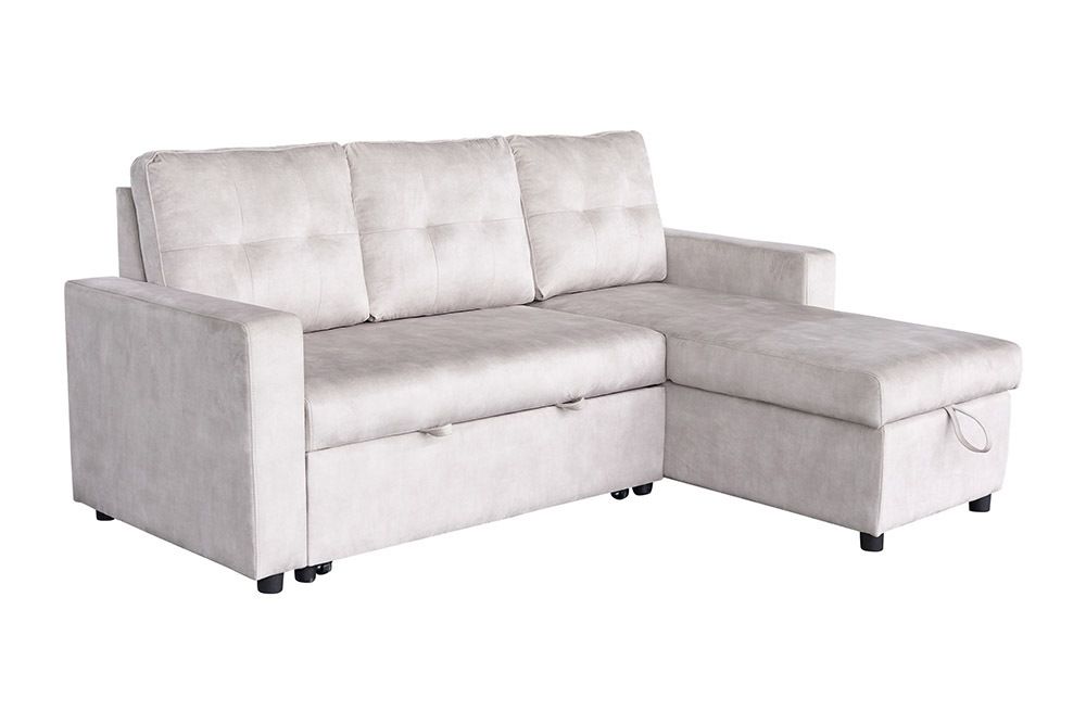 Ecksofa mit Schlaffunktion APARTMENT beidseitig aufbaubar champagner beige Samt inkl. Stauraum