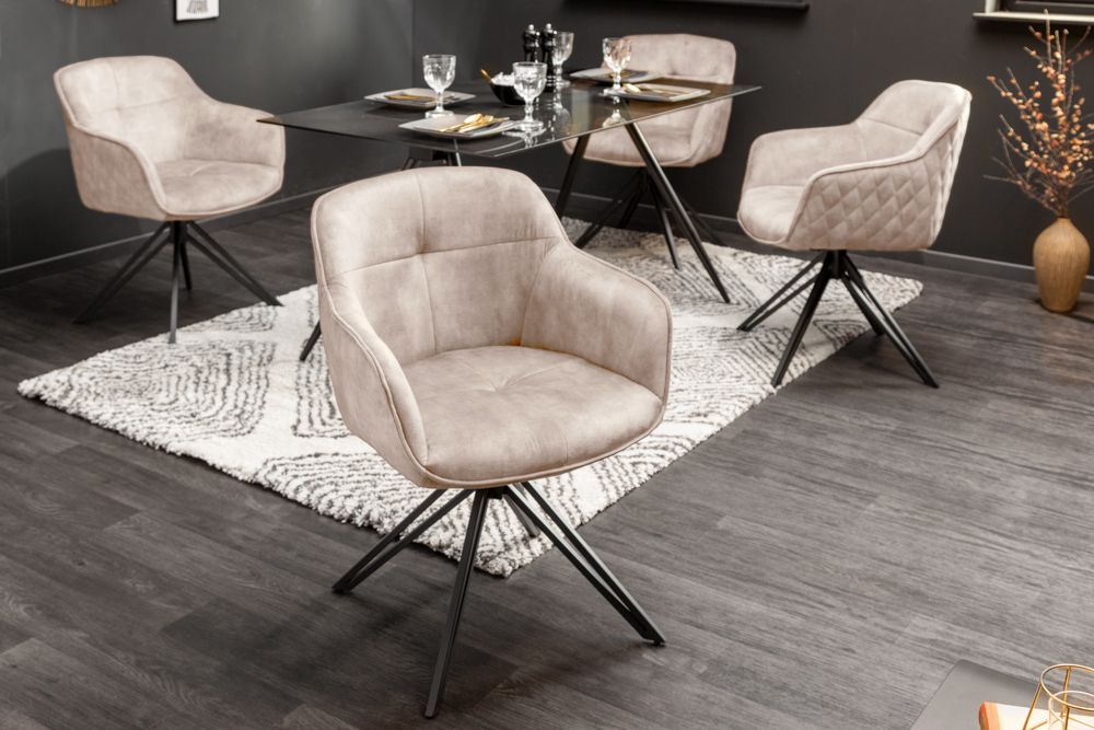 Drehbarer Design Stuhl EUPHORIA champagner greige Samt mit Armlehne Metallgestell schwarz