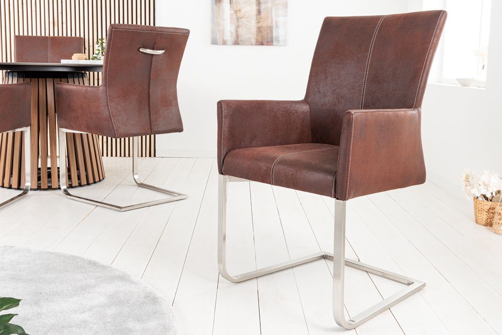 Freischwinger Stuhl SAMSON dark coffee mit Armlehne und Edelstahlrahmen