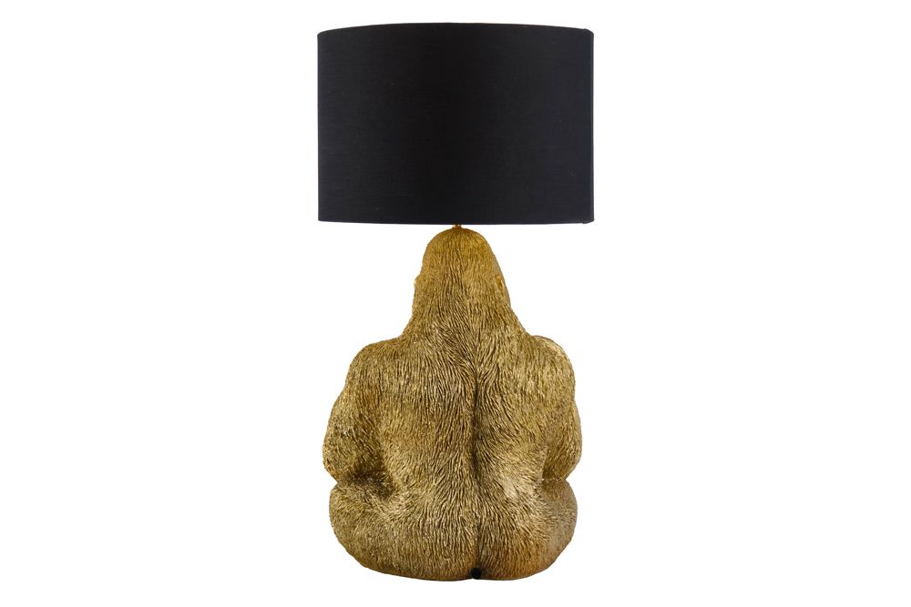 Handgefertigte Tischlampe KING APE 55cm gold schwarzer Stoffschirm Gorilla-Skulptur