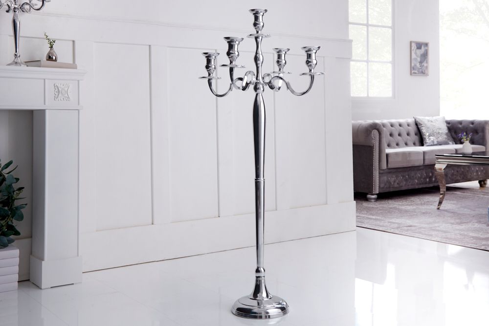 Kerzenständer MODERN BAROCK 120cm silber 5-armig Lüster Aluminium poliert Kerzenhalter
