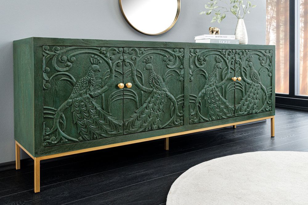 Massives Sideboard PEACOCK 175cm grün Mangoholz antik 3D Schnitzerei Pfau-Design