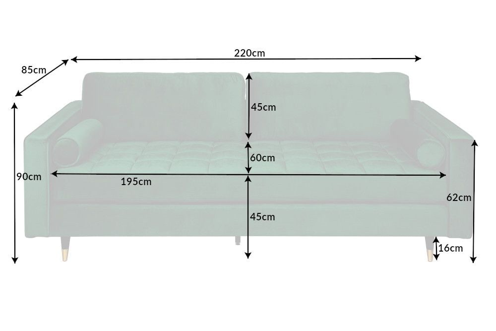 Design 3-Sitzer Sofa COZY VELVET 220cm smaragdgrün Samt Federkern Lounge