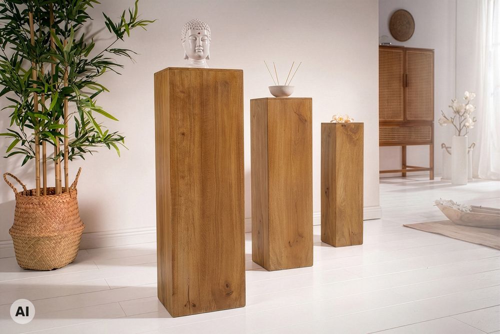 Design Deko Säule 3er Set MAKASSAR 80cm braun honey finish Mangoholz Handarbeit