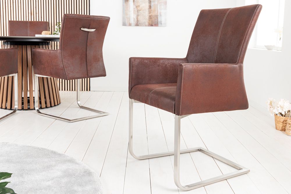 Freischwinger Stuhl SAMSON dark coffee mit Armlehne und Edelstahlrahmen