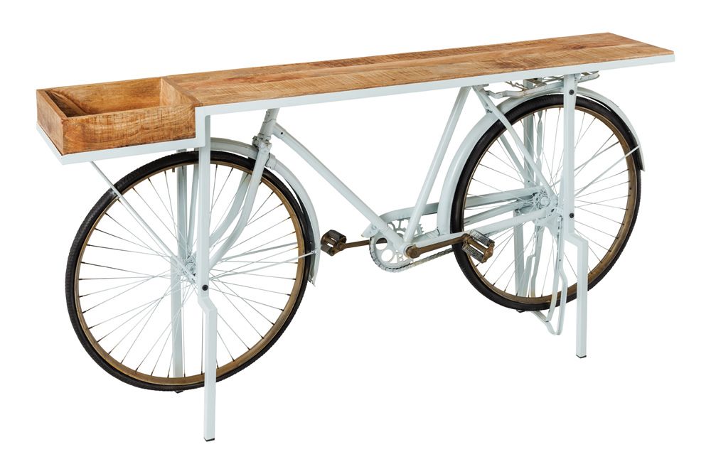 Retro Konsolentisch BICYCLE 190cm salbei natur Mangoholz Fahrrad Bartisch Upcycling
