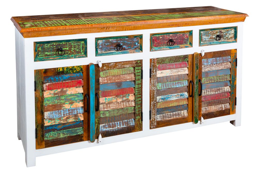 Einzigartiges Sideboard JAKARTA 160cm weiß bunt recyceltes Massivholz aus Fischerbooten