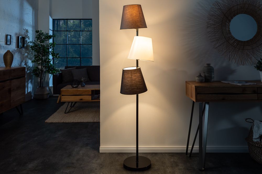 Design Stehlampe LEVELS 163cm schwarz grau mit 3 Leinenschirmen