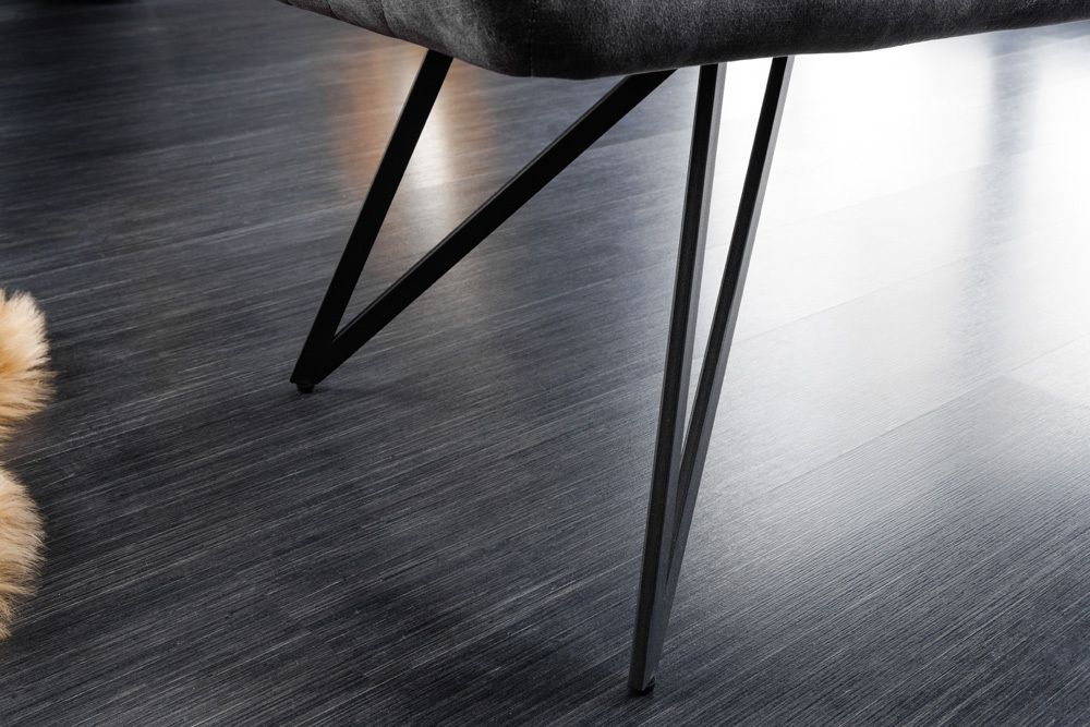 Design Sitzbank EUPHORIA 160cm dunkelgrau Samt Retrostil Ziersteppung Hairpin Legs Metallbeine Armlehnen