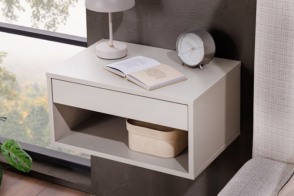 Design Nachttisch COMFORT 50cm weiß hängend mit Schublade und offenem Fach