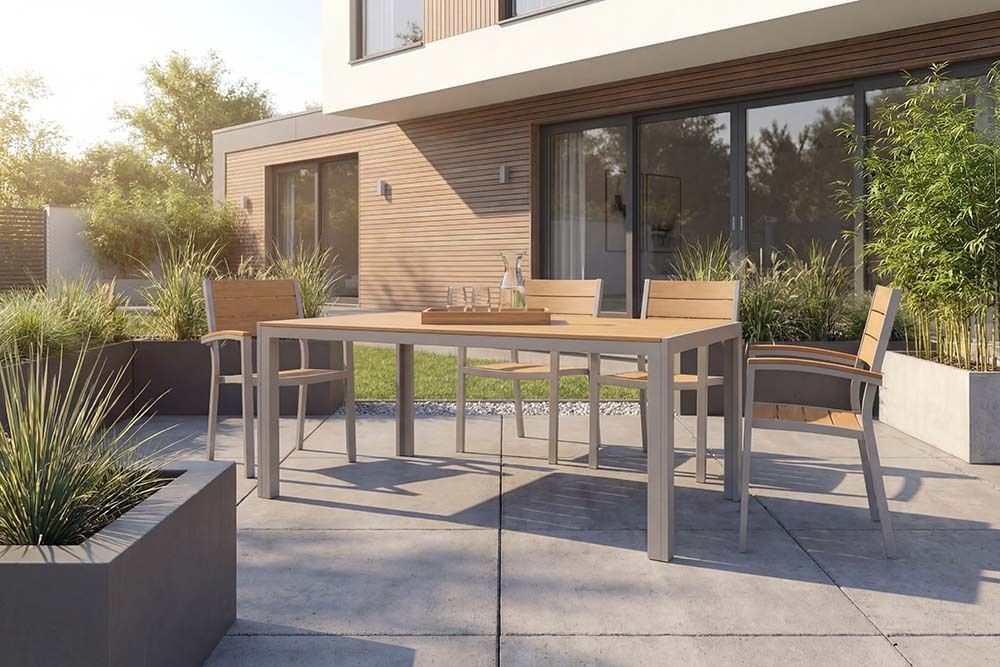 Moderner Gartentisch DESIGNO 205cm natur greige Aluminium wetterfest Outdoor-Esstisch