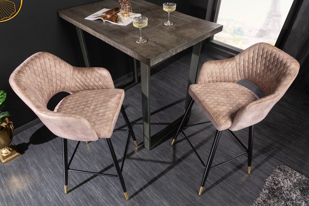 Design Barhocker PARIS greige Samt mit Lehne Metall schwarz gold Ziersteppung