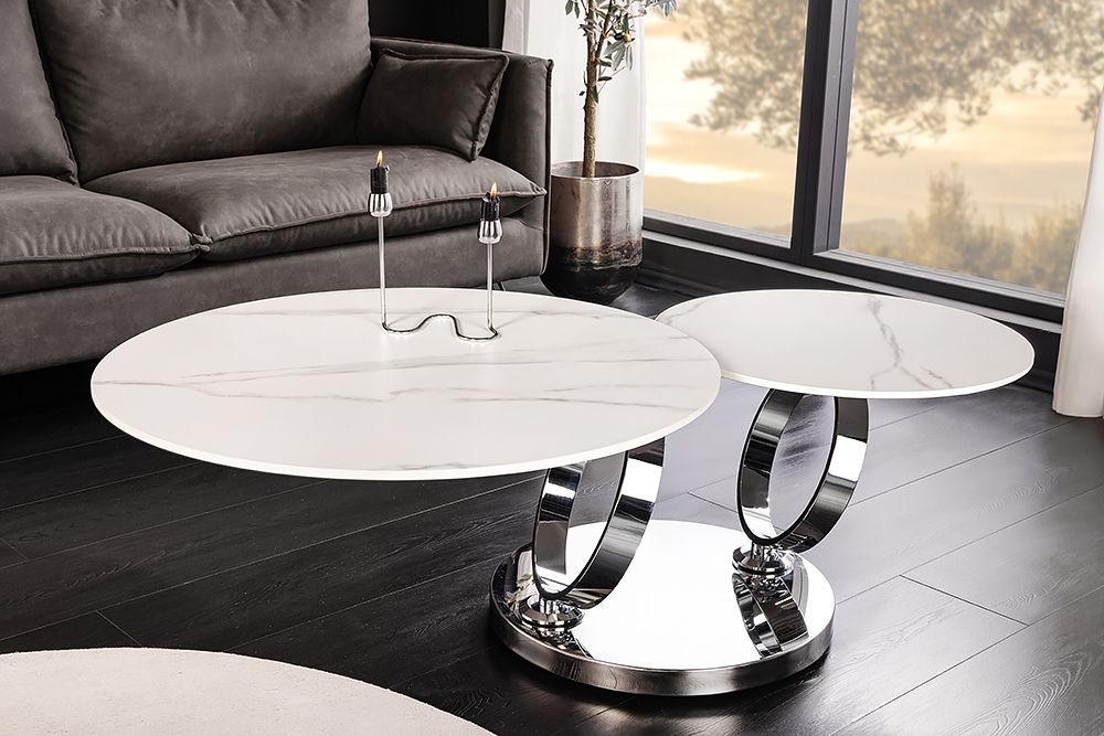 Design Couchtisch DANCING RINGS weiß rund drehbar Marmor Keramik Chrome Gestell