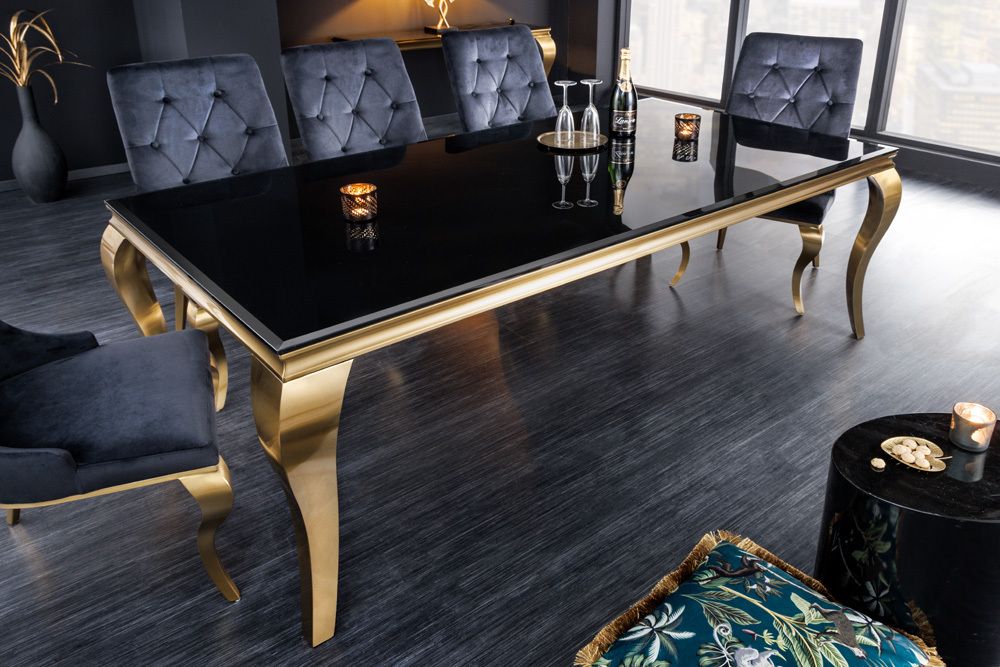 Eleganter Design Esstisch MODERN BAROCK 200cm schwarz gold Edelstahl Opalglas Tischplatte