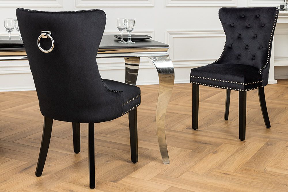Chesterfield Stuhl CASTLE schwarz Samt Massivholz Ziernieten mit Komfortgriff