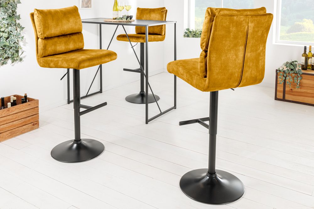 Höhenverstellbarer Barhocker COMFORT senfgelb Samt drehbar mit Lehne Metall schwarz