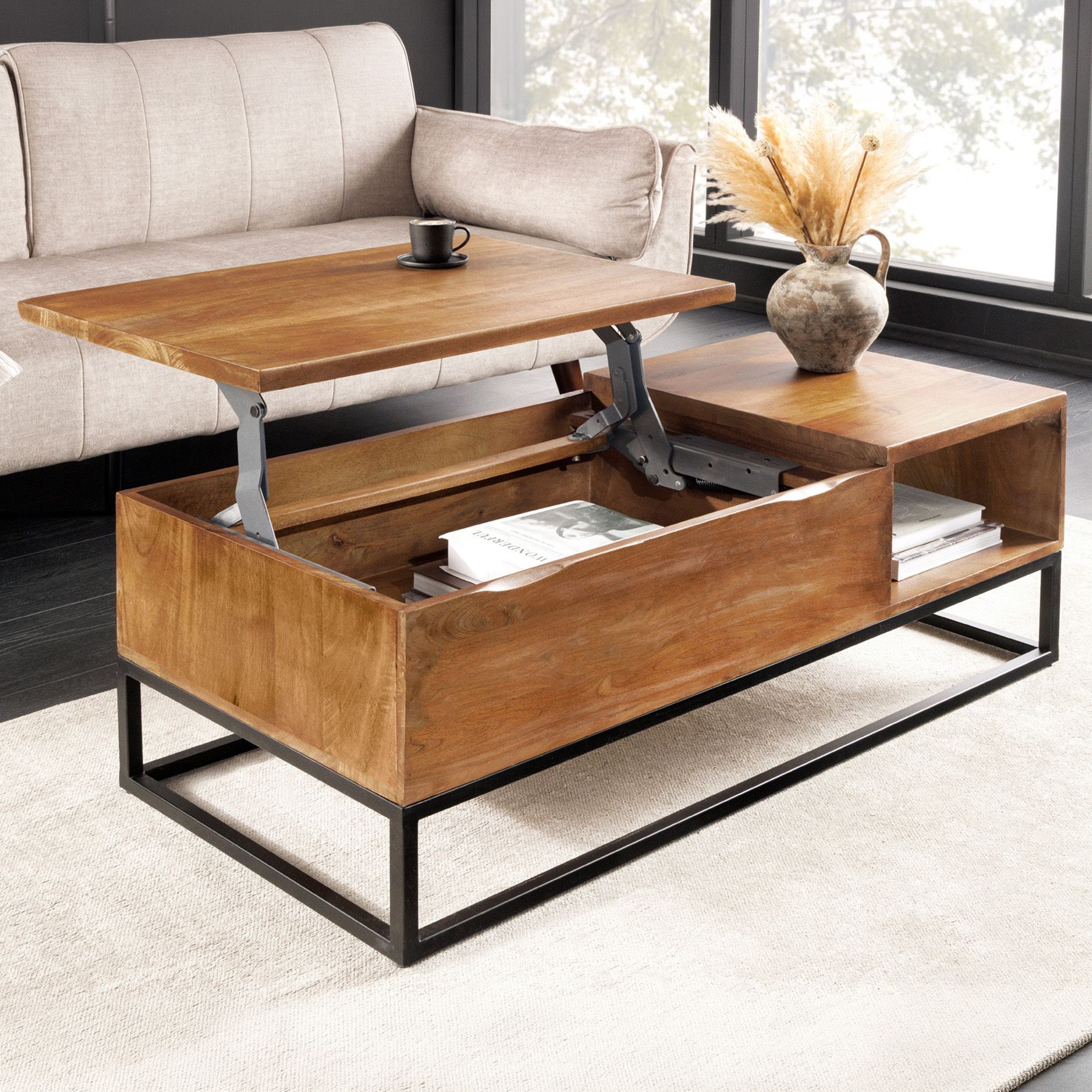Höhenverstellbarer Couchtisch MAKASSAR FUNCTION 110cm braun Mangoholz honey finish