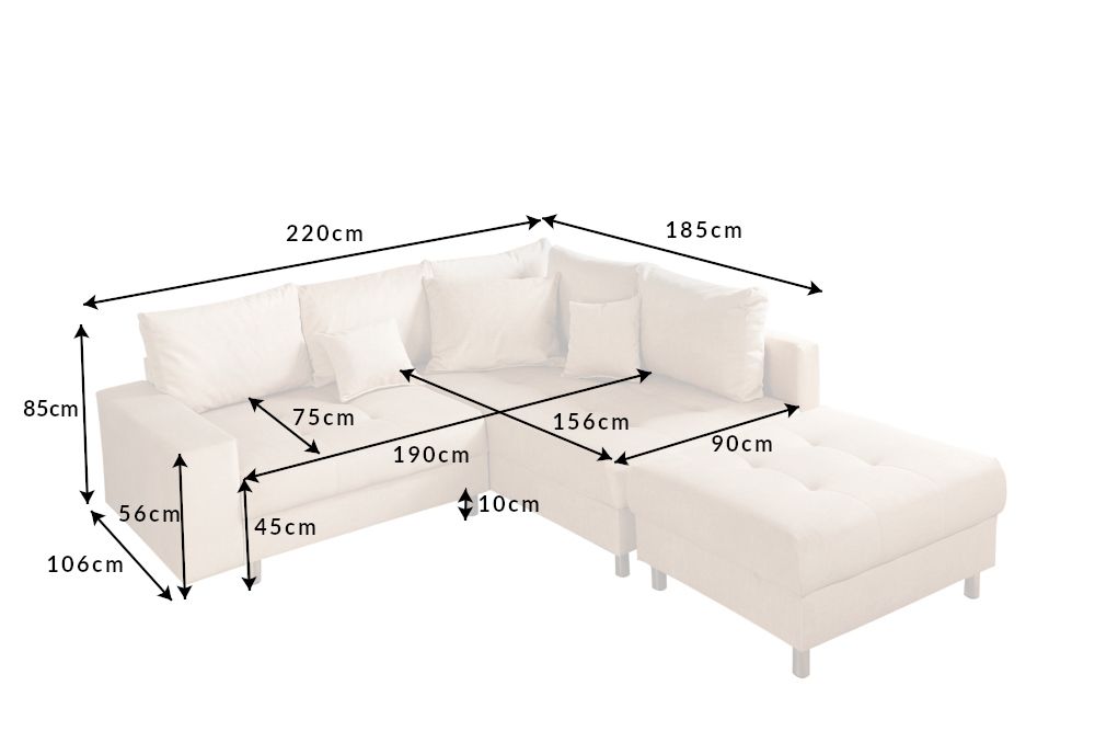 Moderne Wohnlandschaft KENT 220cm champagner beige Vogue Velours Samt Federkern mit Hocker