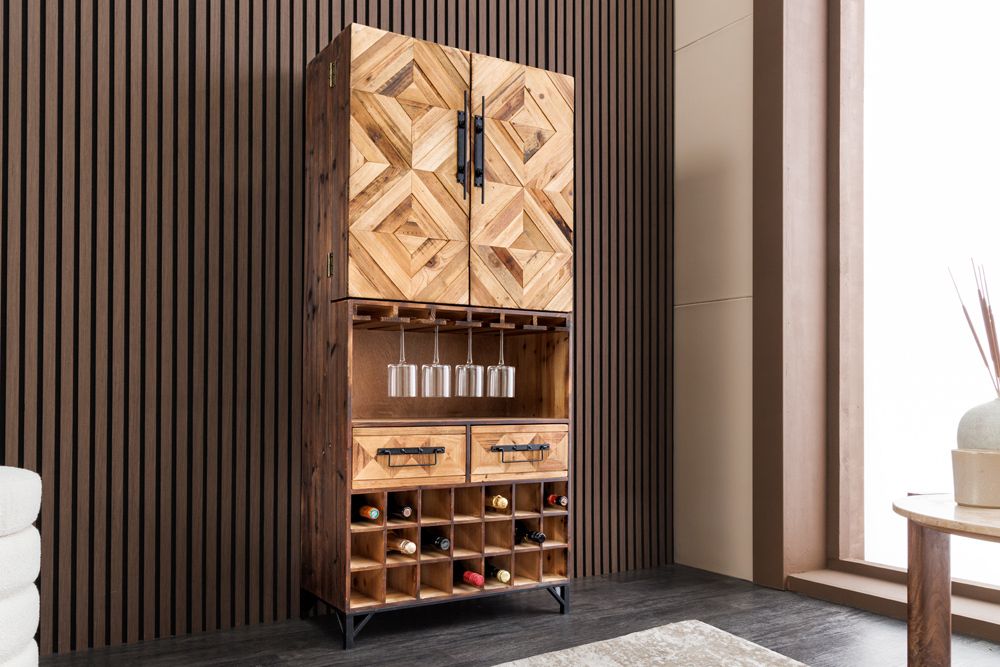 Design Barschrank BODEGA 160cm natur Pinienholz Weinregal Glashalter Schubladen