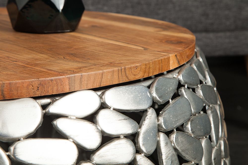 2er Set Runde Couchtische STONE MOSAIC 65cm silber Mangoholz Metall handmade Mosaik Design