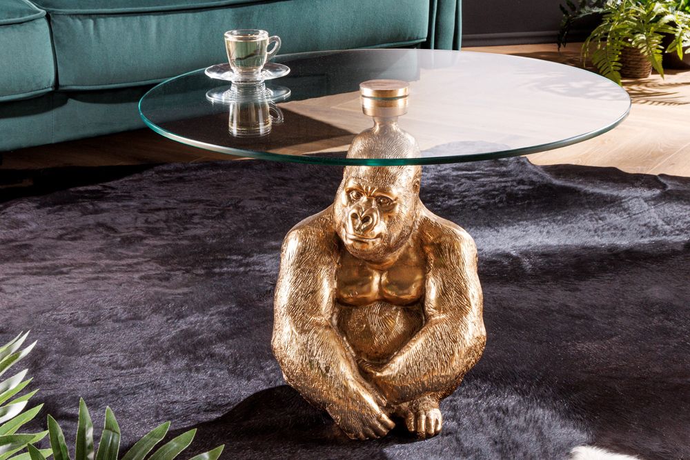 Runder Couchtisch WILDLIFE KONG 60cm gold Metall Glas Affenfigur Gorilla Skulptur handmade